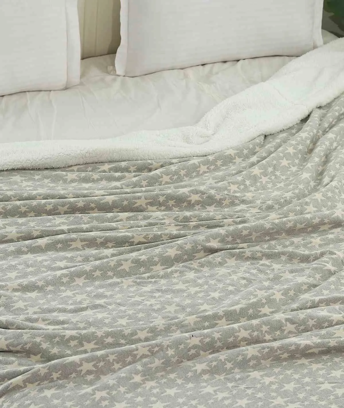Star's Light Grey Melange & Natural Cotton Knitted Double Bed Blanket layered with Warm Sherpa Fabric