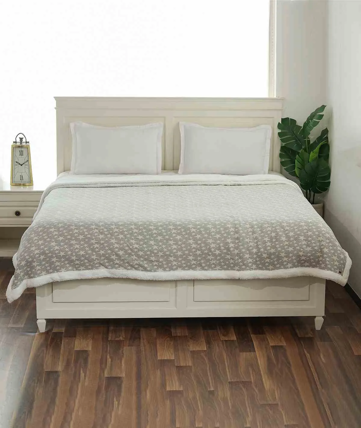Star's Light Grey Melange & Natural Cotton Knitted Double Bed Blanket layered with Warm Sherpa Fabric