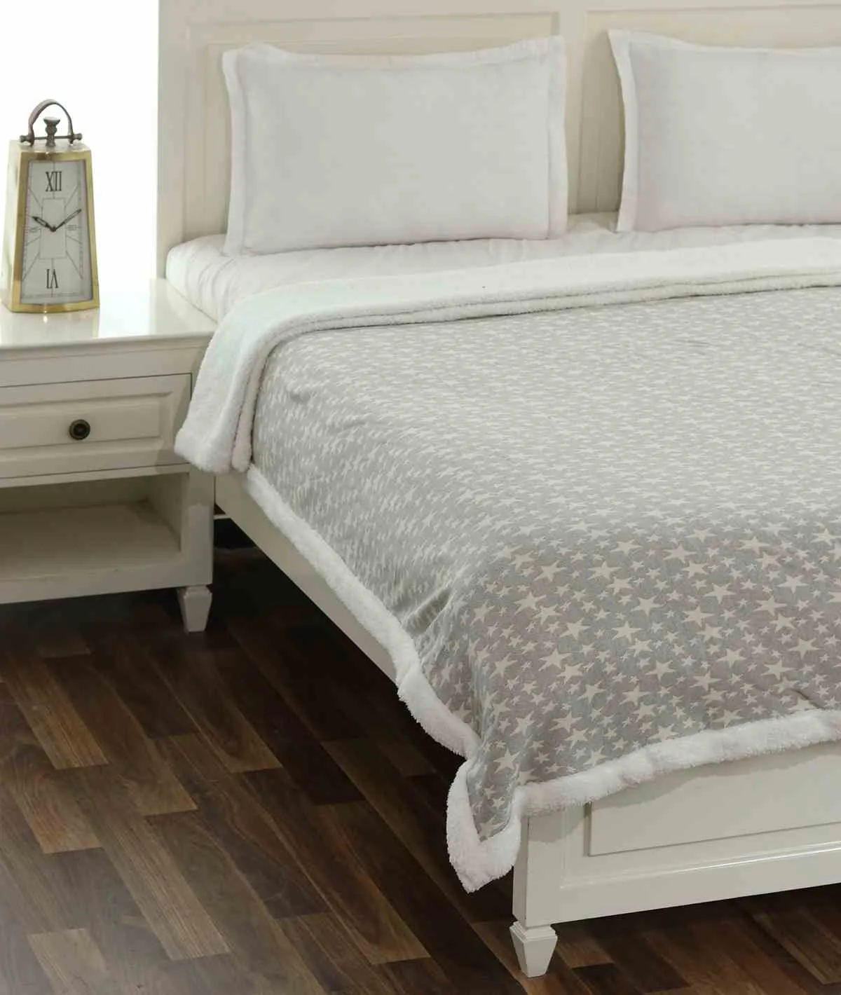 Star's Light Grey Melange & Natural Cotton Knitted Double Bed Blanket layered with Warm Sherpa Fabric