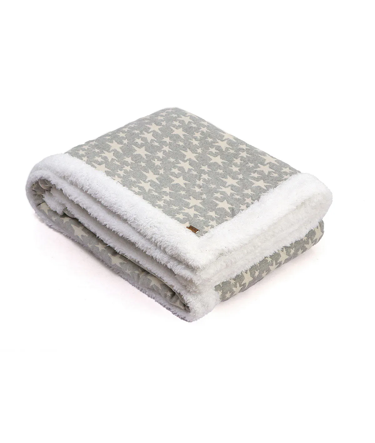 Star's - White & Lt. Grey Mel. Cotton Knitted Single Bed Blanket layered with Warm Sherpa Fabric