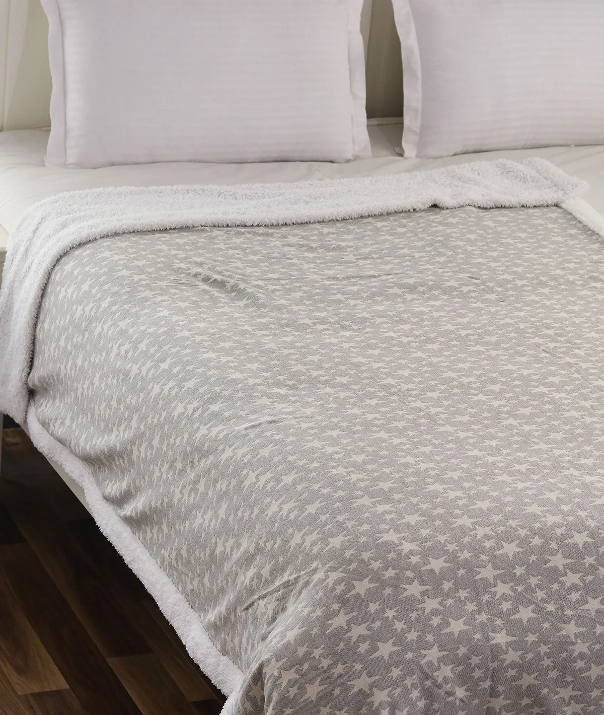 Star's - White & Lt. Grey Mel. Cotton Knitted Single Bed Blanket layered with Warm Sherpa Fabric