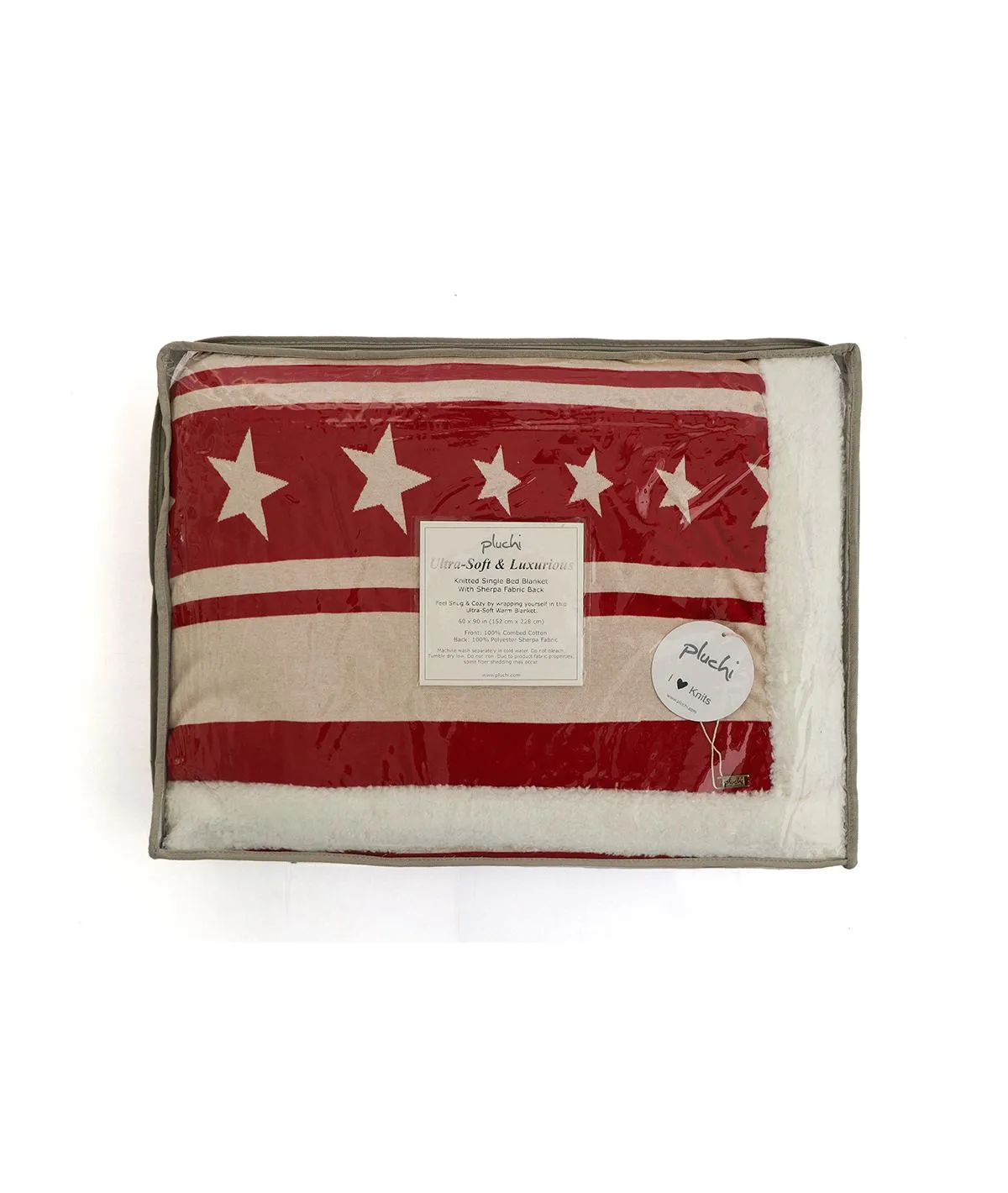 Stripe Star Red & Natural Cotton Knitted Single Bed Blanket layered with Warm Sherpa Fabric