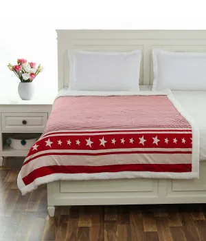 Stripe Star Red & Natural Cotton Knitted Single Bed Blanket layered with Warm Sherpa Fabric