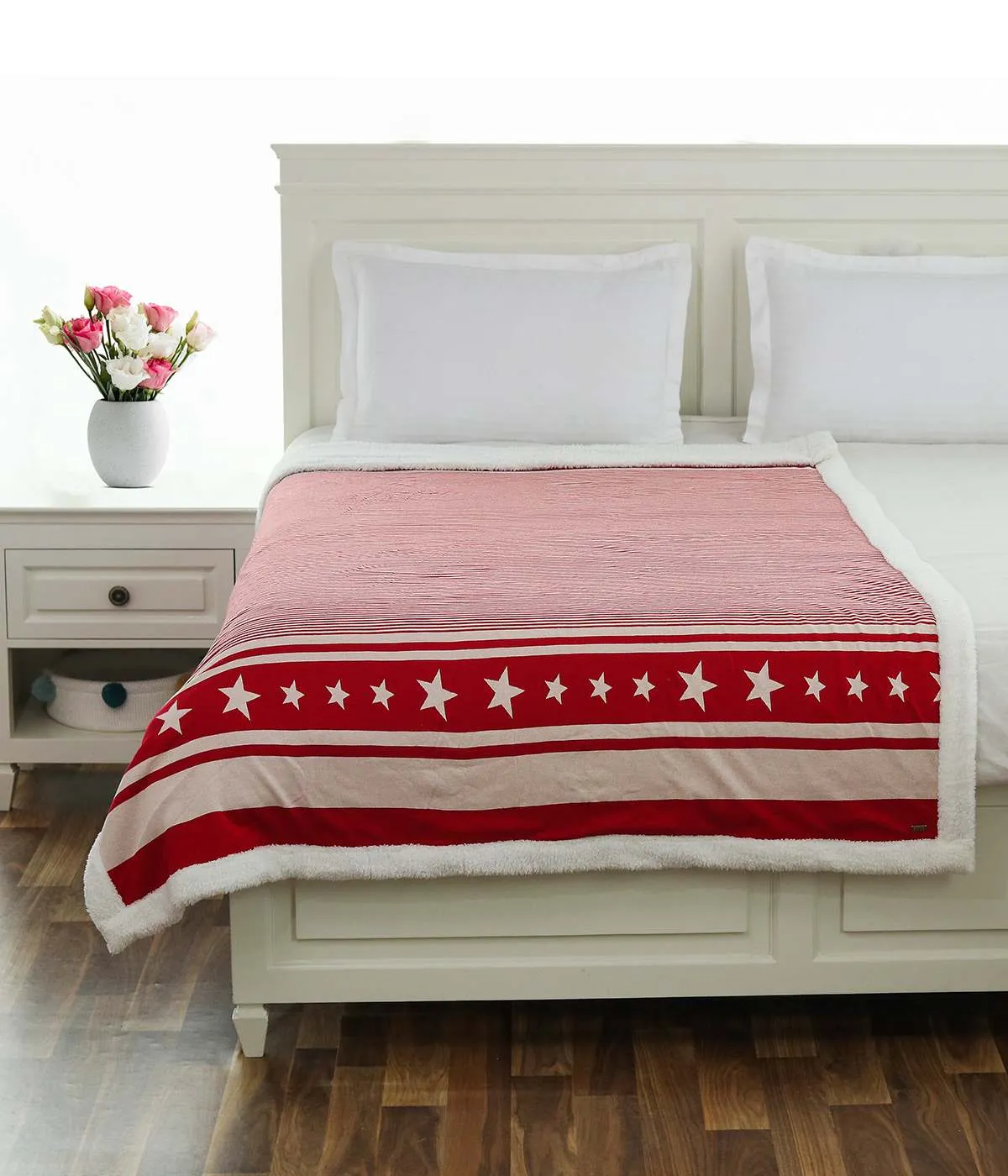 Stripe Star Red & Natural Cotton Knitted Single Bed Blanket layered with Warm Sherpa Fabric