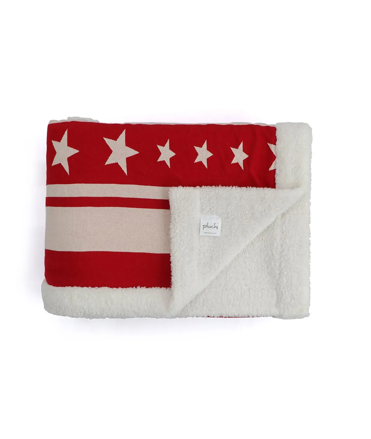 Stripe Star Red & Natural Cotton Knitted Single Bed Blanket layered with Warm Sherpa Fabric