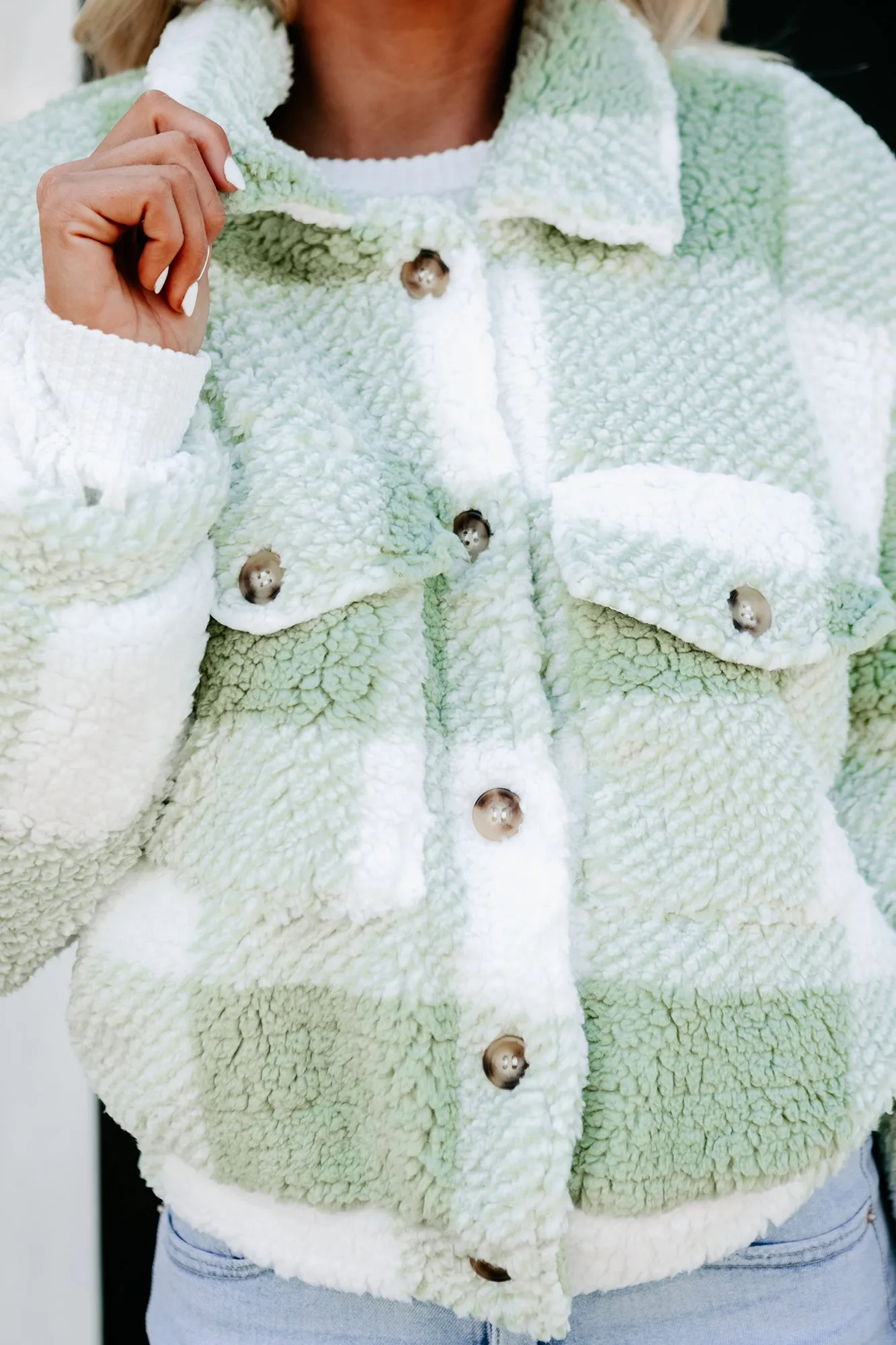 The Great Outdoors Plaid Teddy Jacket (Pistachio)