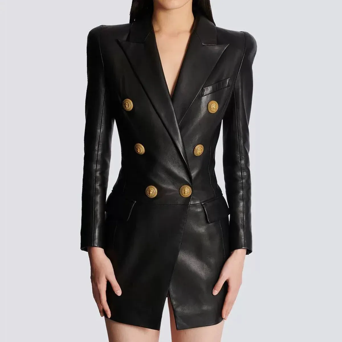 Trend4us Luxe Double-Breasted Faux Leather Blazer Dress