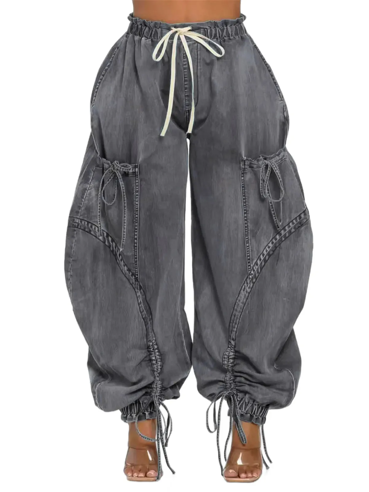 Trend4us Women's Oversized Drawstring Cargo Denim Pants