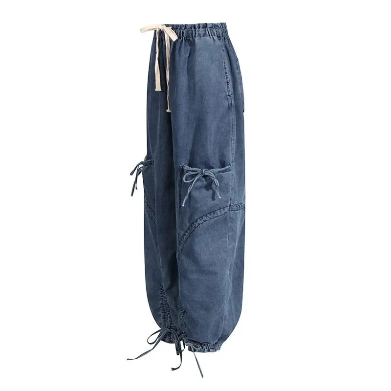 Trend4us Women's Oversized Drawstring Cargo Denim Pants