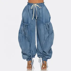 Trend4us Women's Oversized Drawstring Cargo Denim Pants
