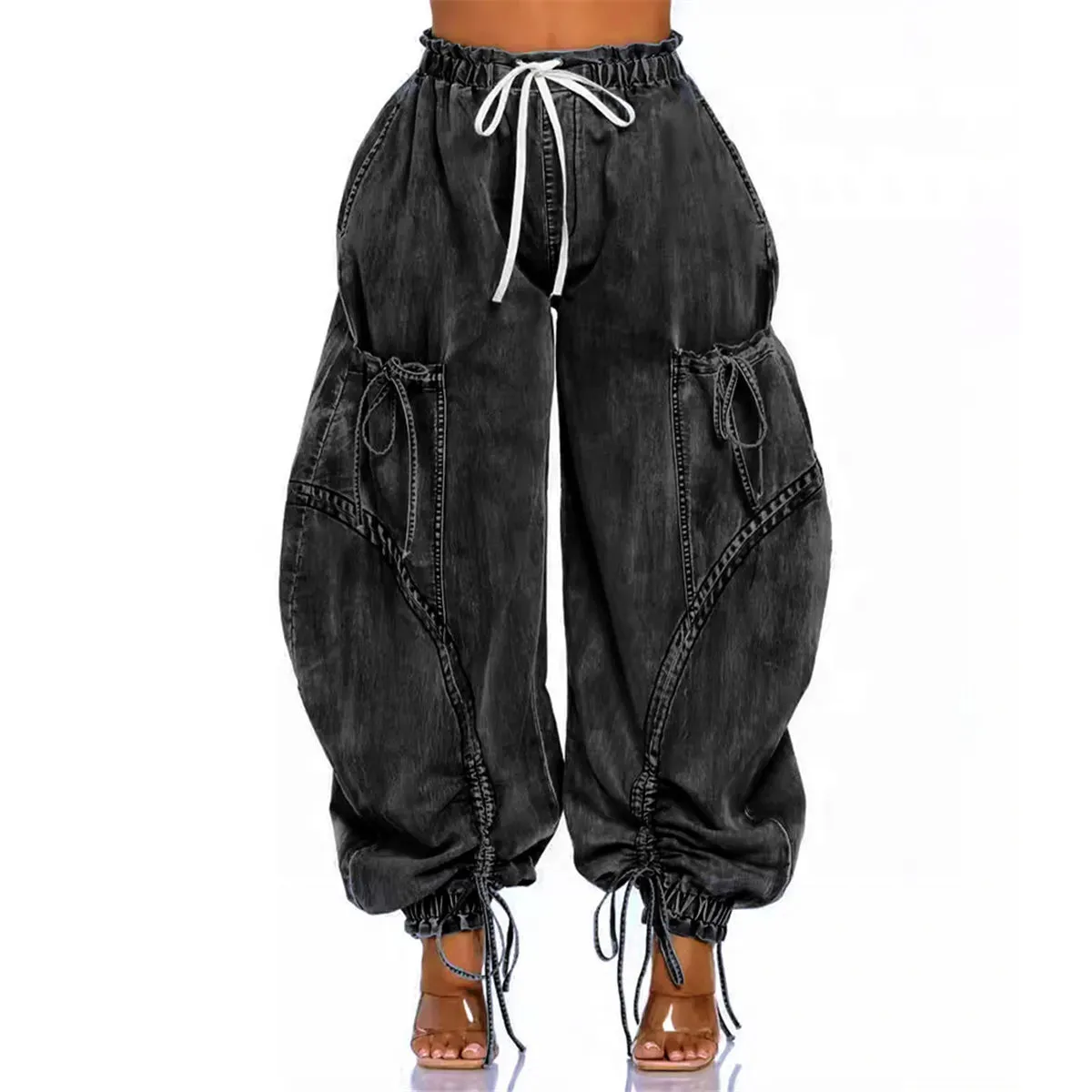 Trend4us Women's Oversized Drawstring Cargo Denim Pants