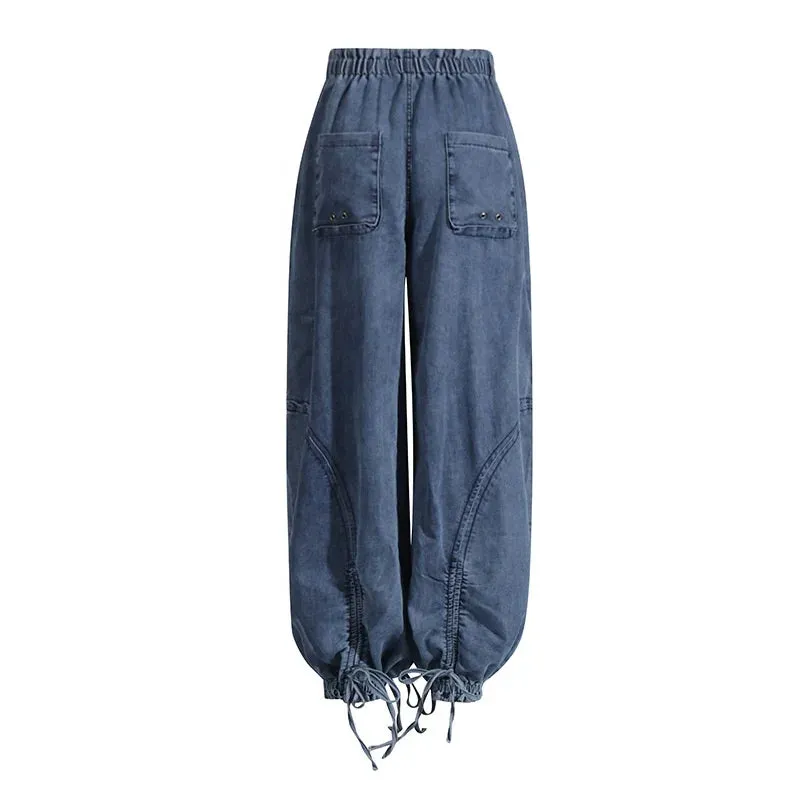 Trend4us Women's Oversized Drawstring Cargo Denim Pants