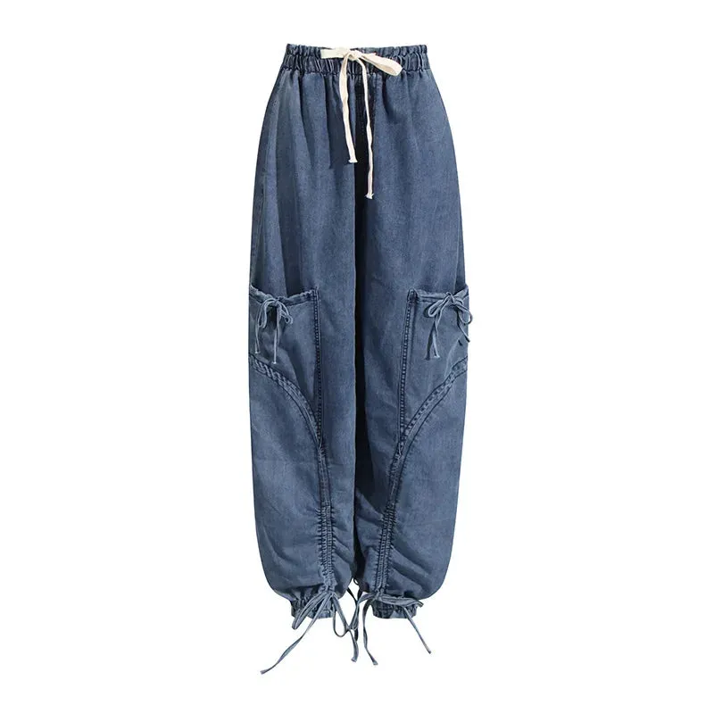 Trend4us Women's Oversized Drawstring Cargo Denim Pants