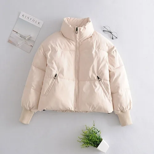 Zipper Khaki Thick Puffer Coat  Pockets Padded Coat Jackets