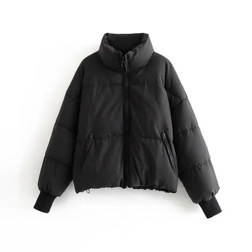 Zipper Khaki Thick Puffer Coat  Pockets Padded Coat Jackets