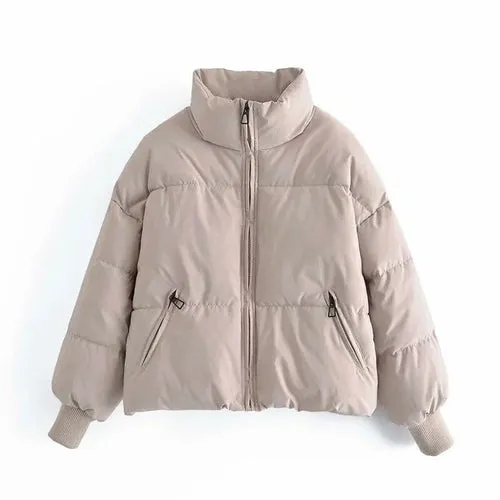 Zipper Khaki Thick Puffer Coat  Pockets Padded Coat Jackets