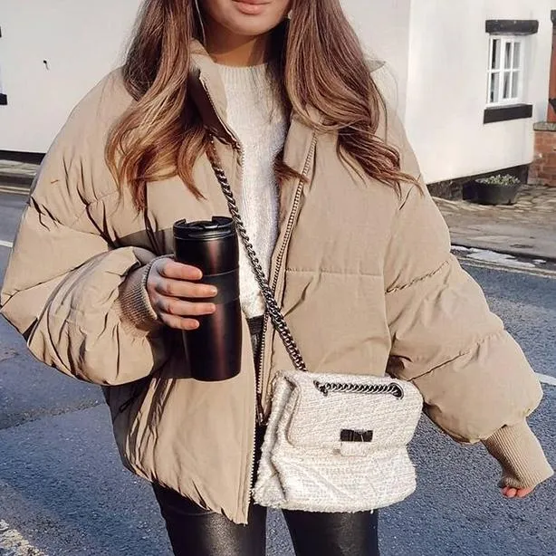 Zipper Khaki Thick Puffer Coat  Pockets Padded Coat Jackets