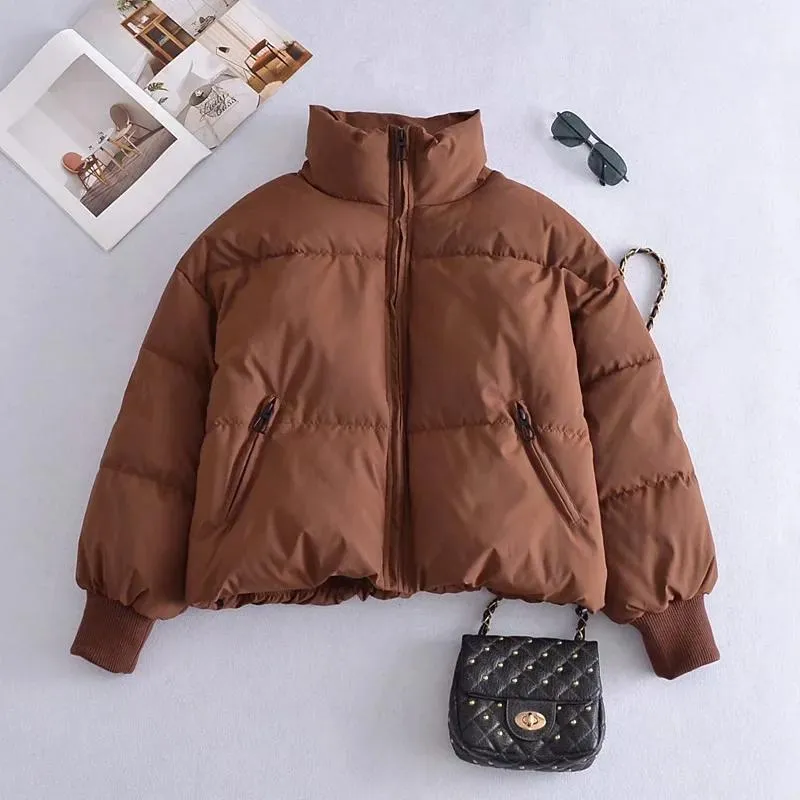 Zipper Khaki Thick Puffer Coat  Pockets Padded Coat Jackets