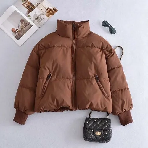 Zipper Khaki Thick Puffer Coat  Pockets Padded Coat Jackets