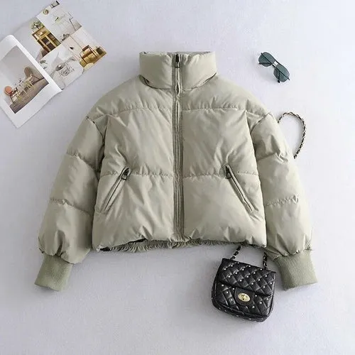 Zipper Khaki Thick Puffer Coat  Pockets Padded Coat Jackets