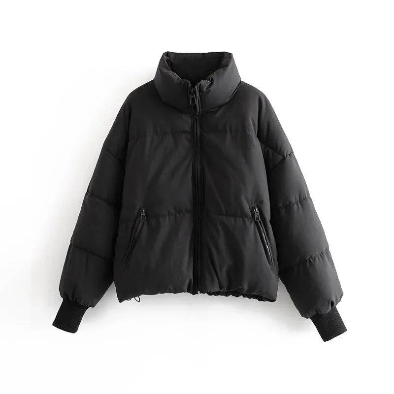 Zipper Khaki Thick Puffer Coat  Pockets Padded Coat Jackets