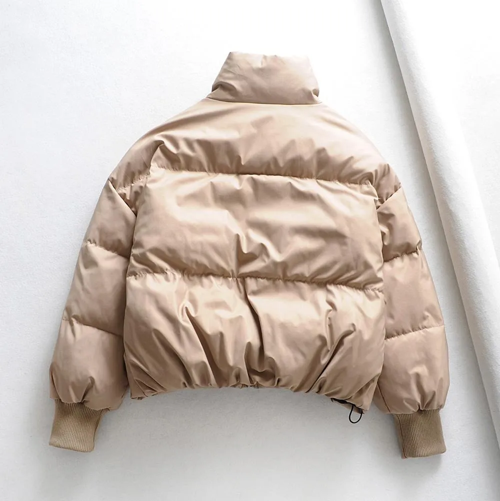Zipper Khaki Thick Puffer Coat  Pockets Padded Coat Jackets
