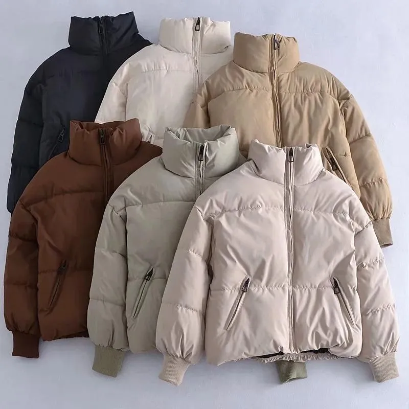 Zipper Khaki Thick Puffer Coat  Pockets Padded Coat Jackets