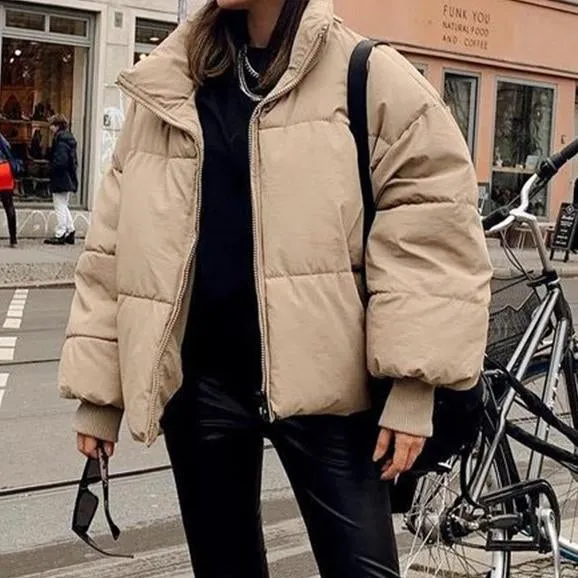 Zipper Khaki Thick Puffer Coat  Pockets Padded Coat Jackets