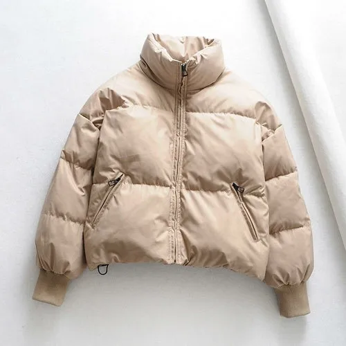Zipper Khaki Thick Puffer Coat  Pockets Padded Coat Jackets