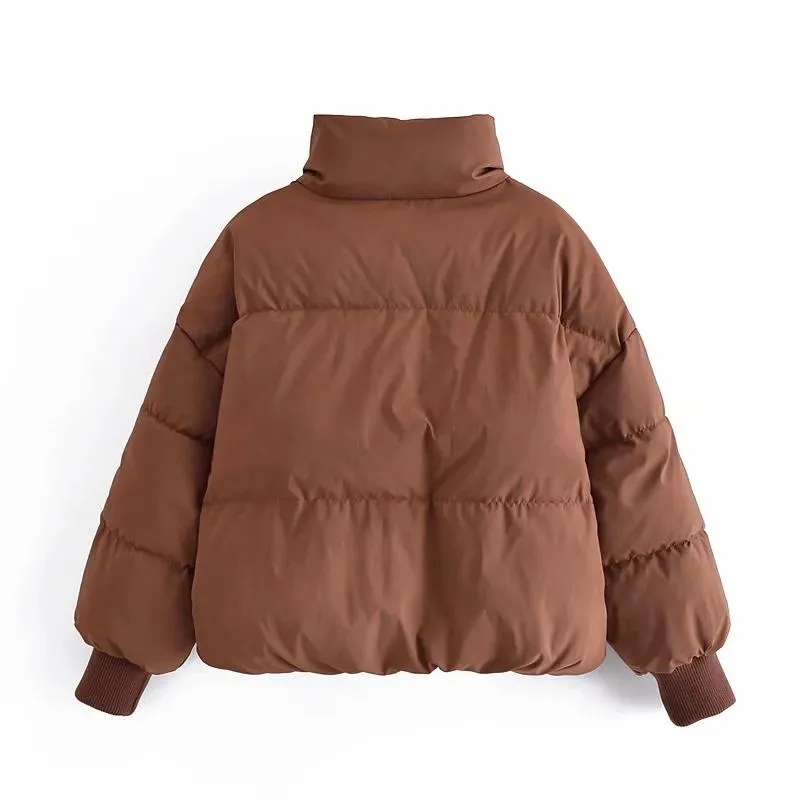 Zipper Khaki Thick Puffer Coat  Pockets Padded Coat Jackets