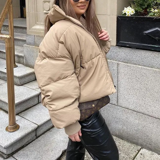 Zipper Khaki Thick Puffer Coat  Pockets Padded Coat Jackets
