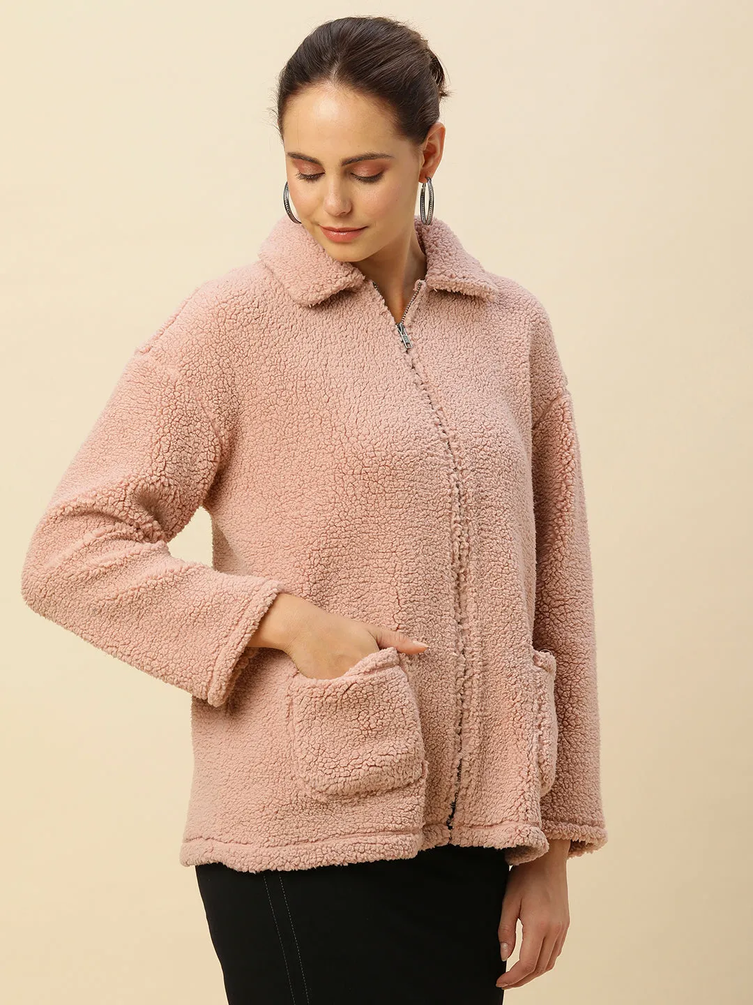 Zippered Oversized Sherpa Drop Shoulder Jacket